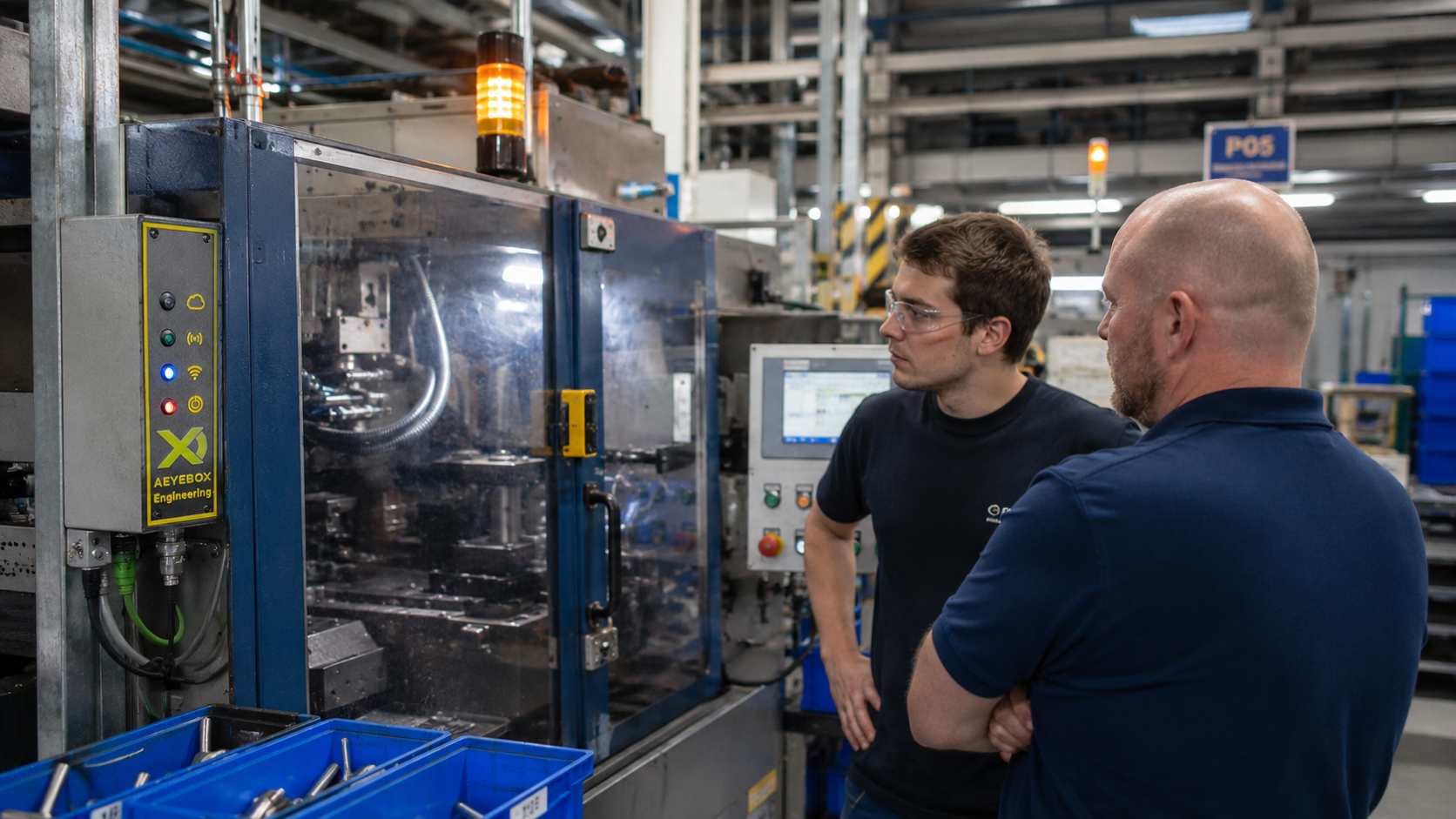 Production team inspecting a machine